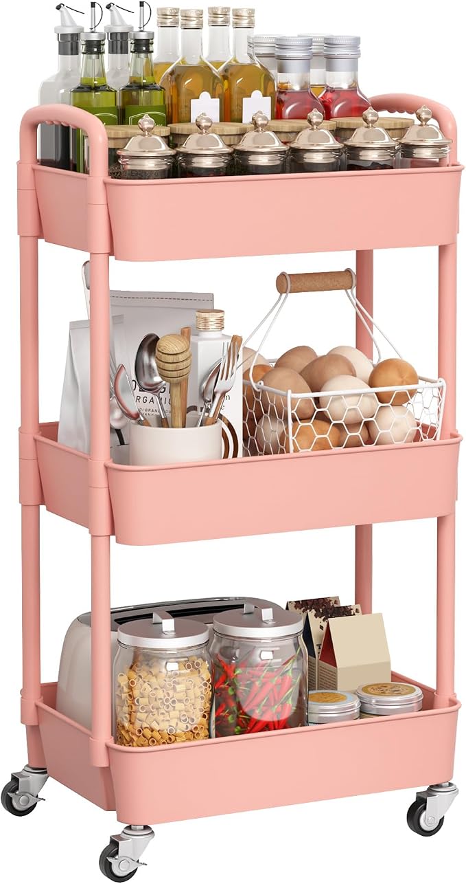 Sywhitta 3-Tier Plastic Rolling Utility Cart with Handle, Multi-Functional Storage Trolley for Office, Living Room, Kitchen, Movable Storage Organizer with Wheels, Pink | Multi-Functional Storage Trolley, for Office, Living Room, Kitchen, Bathroom,Mova...
