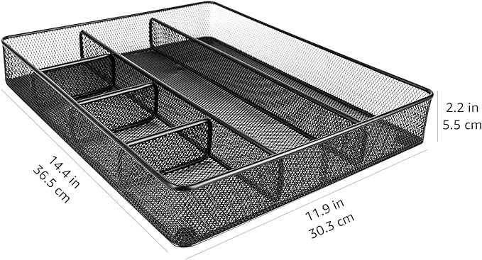Amazon Basics Mesh Desk Drawer Organizer with 6 Compartments, Non-Slip Office Supplies Storage for Pens and Accessories, Black | Pack of 4