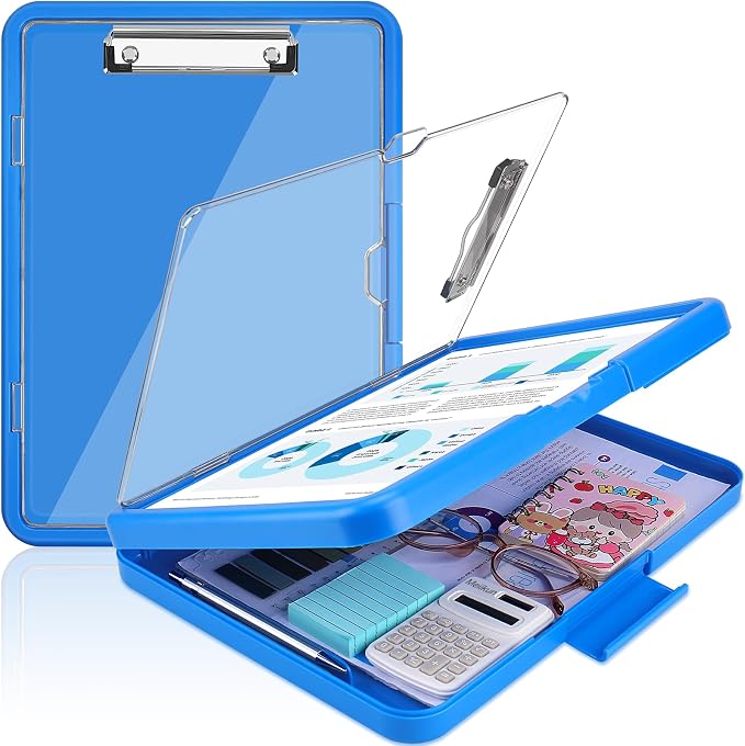 Meiikun Clipboard with Storage, Clip Boards 8.5x11 with Dual Storage, Plastic Clipboards Clear Visible Dry Erase Top Panel, High Capacity Clip Board Organizer for Work School Office (Sapphire Blue)