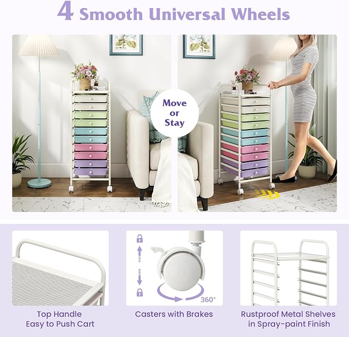 COSTWAY 10-Drawer Rolling Storage Cart, Ice Cream Colorful (Ice Cream Colorful,13"L x 15"W x 34"H (10 Drawer))