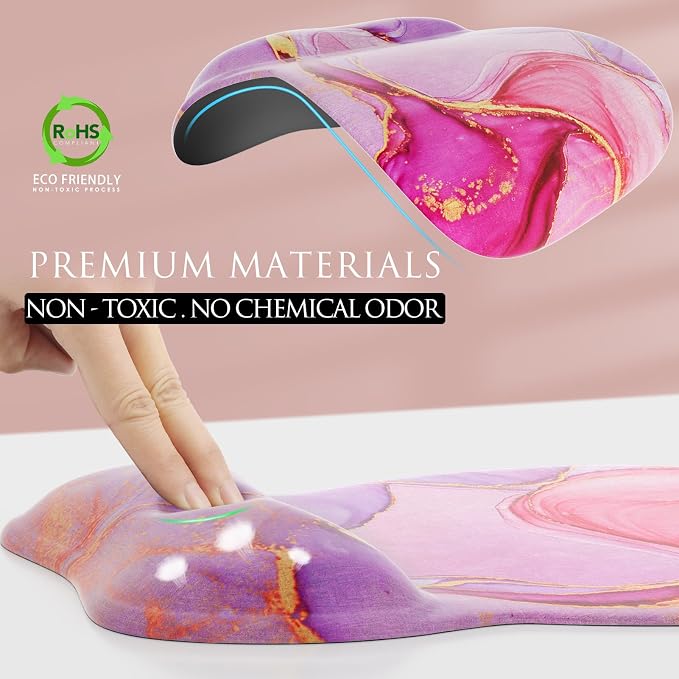 MROCO Ergonomic Mouse Pad with Gel Wrist Rest, 9.4 x 8.1 in, Pink Marble | Ergonomic Shape Design, Multiple Pattern Options, Gel Wrist Comfort, Smooth Lycra Surface, Non-Slip PU Base