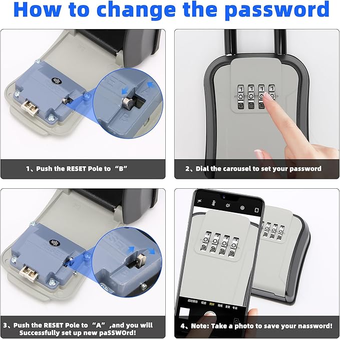 Key Lock Box,Portable Waterproof Lockbox with Removable Shackl, Wall-Mounted Key Storage Box, 4-Digit Combination Key Storage Lockbox for Home,Office,Garage, Airbnb,Apartment（1 Pack,Grey)