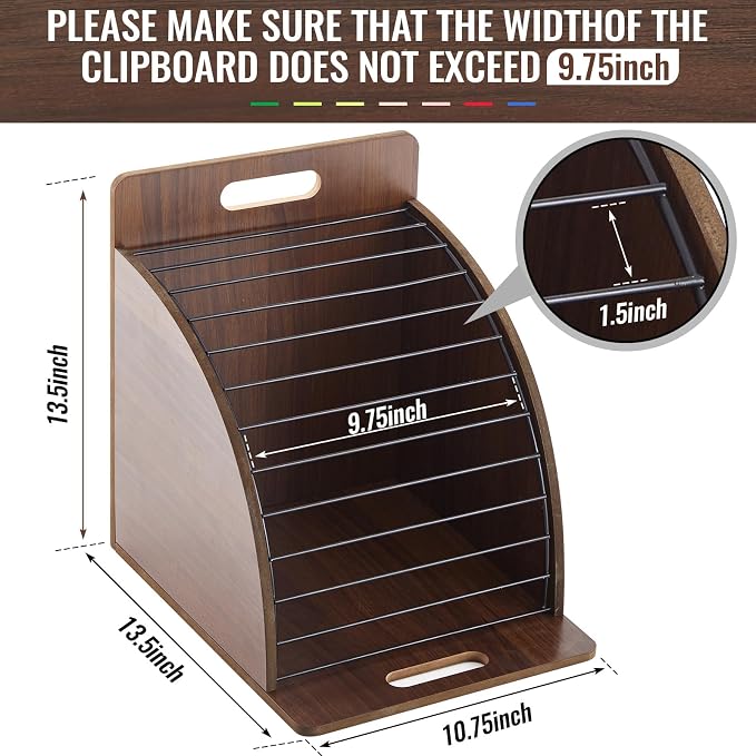Wonderjune 1 Pack Clipboard Holder Wooden Metal Clipboards Storage Rack with Raised Side Panel, Back to School Supply for Classroom Office School Teacher, Clip Boards Not Included(Walnut)