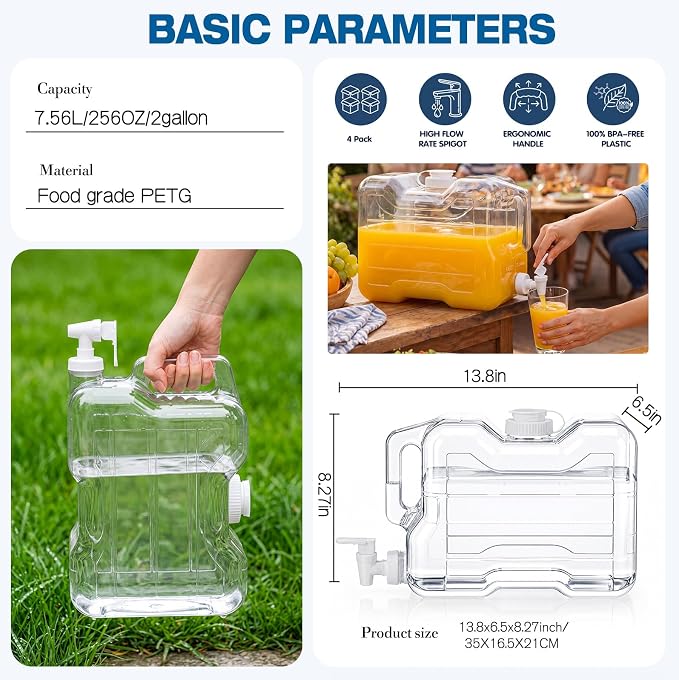 Funnymoom 4 Pcs Drink Water Dispenser for Fridge 2 Gallon Beverage Dispenser with Spigot Plastic Reusable Refrigerator Water Dispensers Waters Jug Container for Party Outdoors Camping Hiking Home