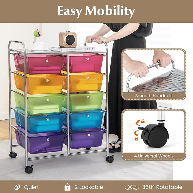 RELAX4LIFE Rolling Storage Cart with 10 Drawers - Craft Storage Cart with Lockable Wheels,Utility Cart, Art Cart Organizer for Crafting Storage, Studio, Office, School Rolling Drawer Cart (Rainbow)
