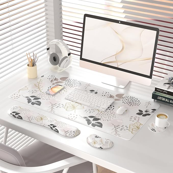 QIYI PU Leather Desk Mat Set, 4-in-1 Ergonomic Wrist Rest, Botanical Leaf | Waterproof Large Mouse Pad 31.5×15.7 + Keyboard Wrist Rest + Mouse Wrist Support+Coaster, Non-Slip Office Gaming Accessories