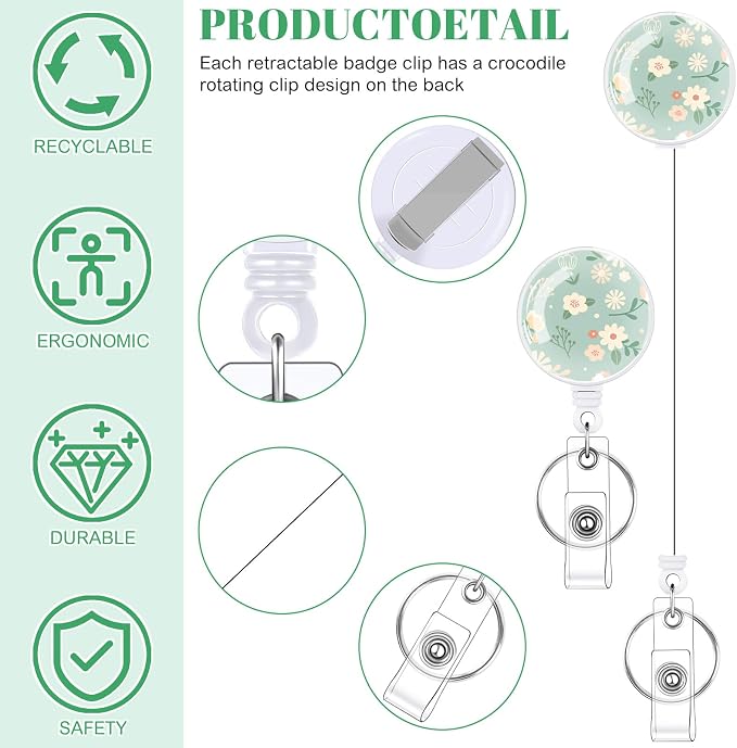 3 Set Floral Pattern ID Badge Holder with Retractable Reel, Retractable ID Badge Holders with Clip Name Badge Holders for Teacher Nurse Doctor Student Office Workers
