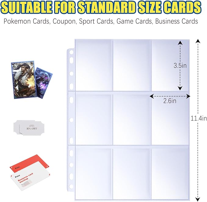ABLY 2160 Pockets Trading Card Pages Sleeves 9-Pocket Clear Plastic Game Card Protectors for Sky, Pok, Bas Car and More, Fit 3 Ring Binder (120 Pages)