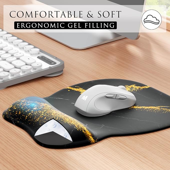 MROCO Ergonomic Mouse Pad with Gel Wrist Rest, 9.4 x 8.1 in, Black Gold | Ergonomic Shape Design, Multiple Pattern Options, Gel Wrist Comfort, Smooth Lycra Surface, Non-Slip PU Base
