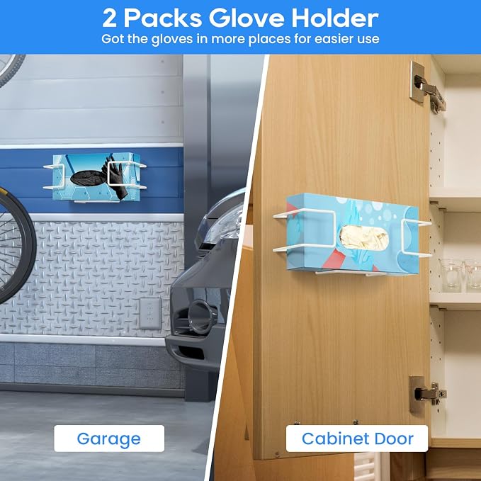 THYGIFTREE Glove Box Holder Wall Mount Dispenser, 2 Pack with 1 Small + 1 Large Rack, Small Fits 100 Count Boxes, Large Fits 100 & 200 Count Boxes, Fits Most Nitrile Latex & Vinyl Glove Boxes, White