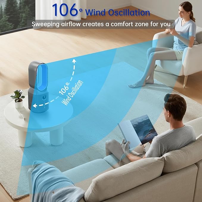 Desk Fan,13 Inch Portable Bladeless Fan, Small Quiet Office Fan with 106° Oscillating, 3 Speeds & Night light, LED Display,Button Control, Personal Battery Operated Table Fan for Bedroom, Office, Home