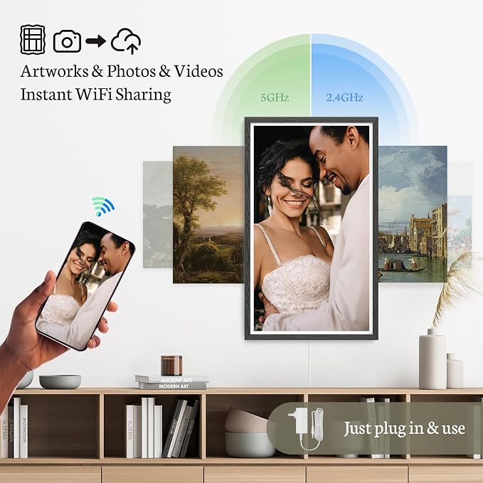 BSIMB 32 Inch Large Digital Picture Frame, Touchscreen 64GB 1920x1080 FHD WiFi Photo Frame Electronic Display Remote Control, Share Pictures/Videos via App/USB/SD Easy Setup Gifts for Mom, Black Wood