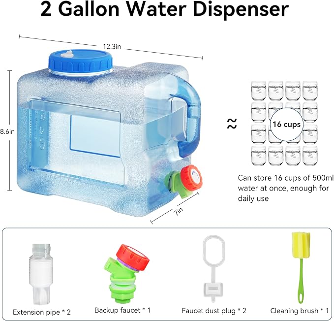 Drink Water Dispenser for Fridge - 2 Gallon Beverage Dispenser with Leak-Proof Spigot, Portable Food-grade Water Jug Container with Spout Handle for Kitchen Refrigerator Outdoor Camping Hiking, Blue