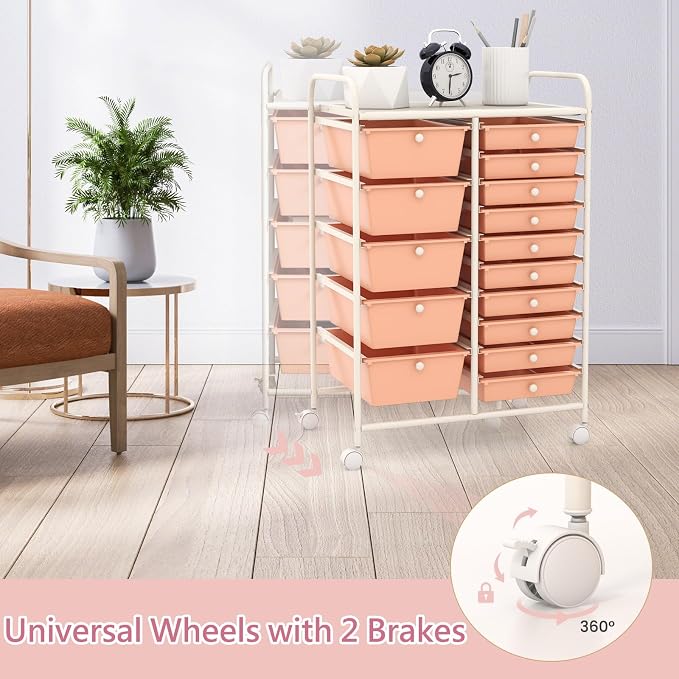 RELAX4LIFE 15-Drawer Storage Drawer Carts - Mobile Rolling Utility Cart w/Wheels, Craft Organizer for Classroom Organization and Storage, School, Office, Home, Storage Organizer Cart (Pink)