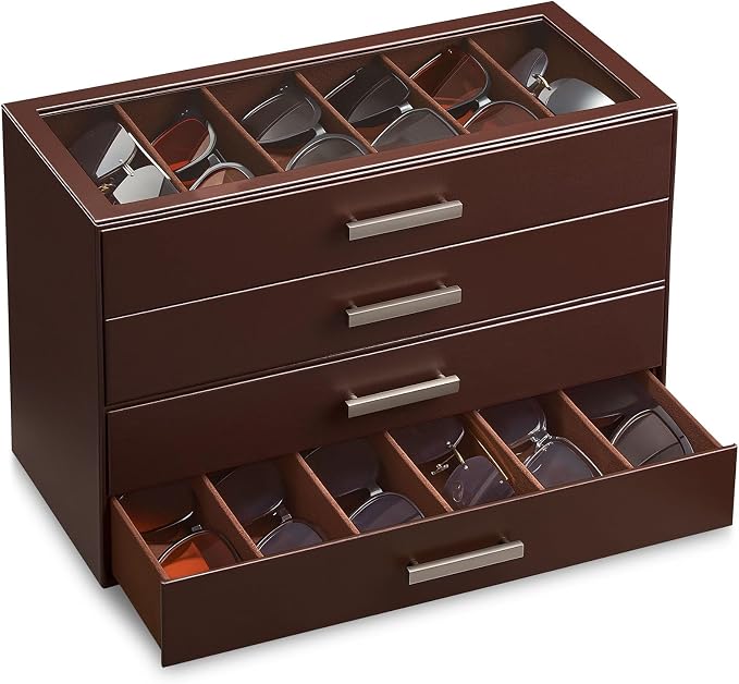 ProCase Sunglasses Organizer Box with Clear Glass Lid, PU Leather Eyeglass Storage Display Case for Men and Women