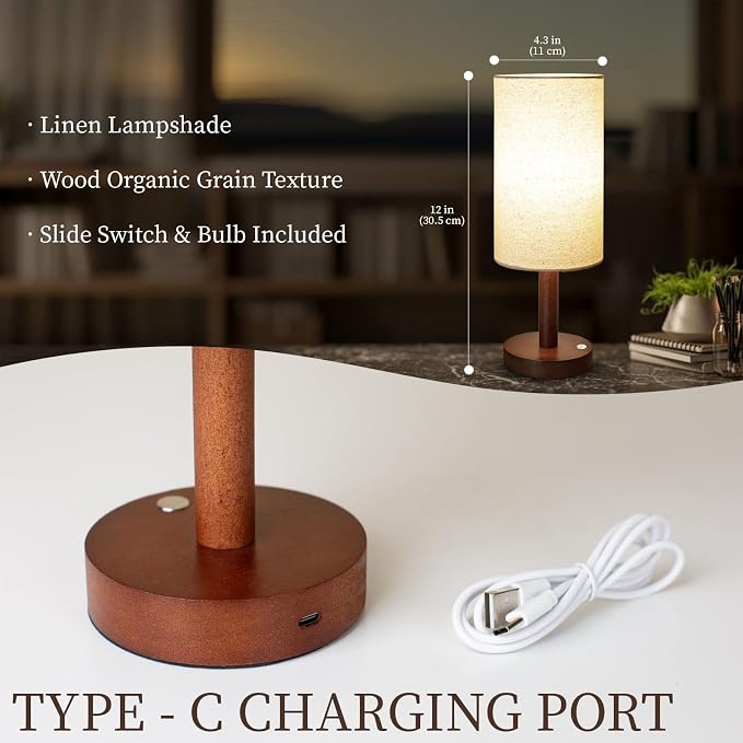 LALISU Cordless Table Lamp, 3 Color Dimming Portable Battery Lamp, Touch Control Wood Base Small Bedside Lamps for Night Stands, Living Room, Office(LED Bulb Included) (Cordless Wood Base)