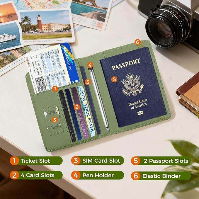 Cnycmy Passport Holder for Travel, Pu Leather Travel Wallet, RFID Blocking, Metal United States Coat of Arms, Waterproof cover for Family (Green)