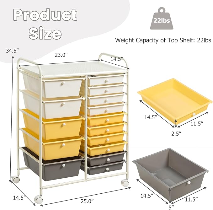 GLACER 15 Drawers Rolling Storage Cart, Steel Frame Craft Organizer Cart | Utility Cart w/Lockable Wheels & Sleek Handle, Mobile Art & Tool Supply Trolley for Teacher, Home, School, Office (Yellow)