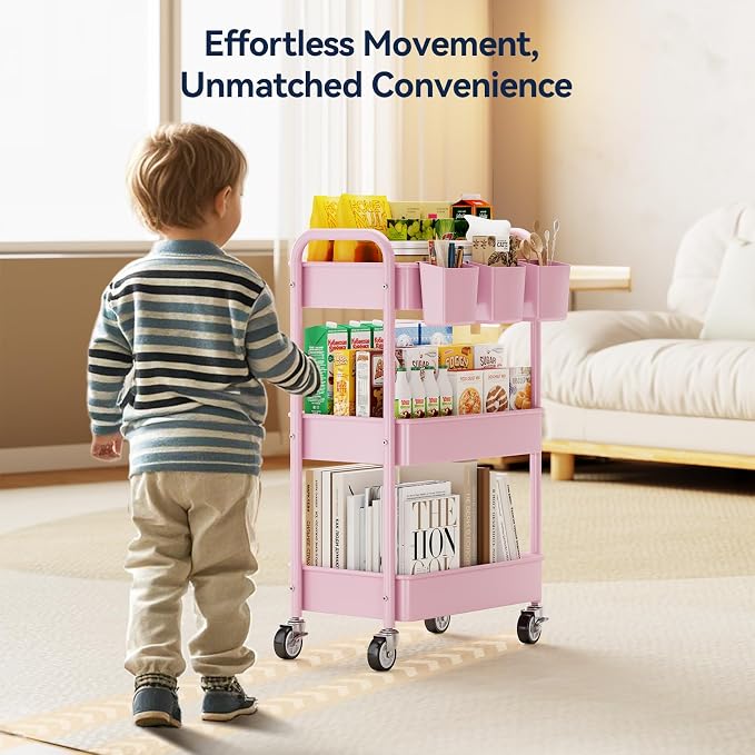 3 Tier Rolling Cart, Heavy Duty Metal Utility Cart with Wheel Pink | Sturdy Rolling Storage Cart With Hooks & Hanging Cups, Great For Craft, Art Workspace, Kitchen ,Snack And Office Storage