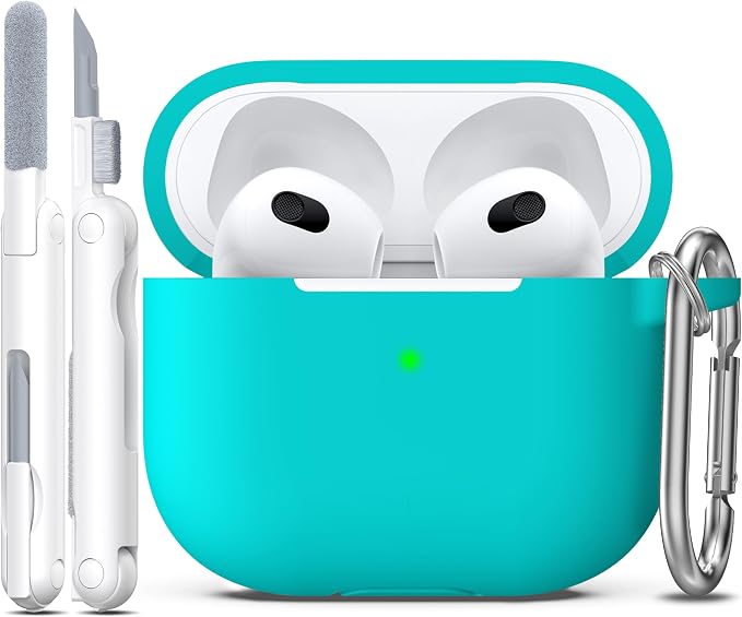 Compatible with AirPods 3 Case Cover, Silicone Protective Accessories Skin with Keychain Compatible with Apple AirPod 3rd Generation 2021 for Women Men Girls Boys,Front LED Visible,Teal