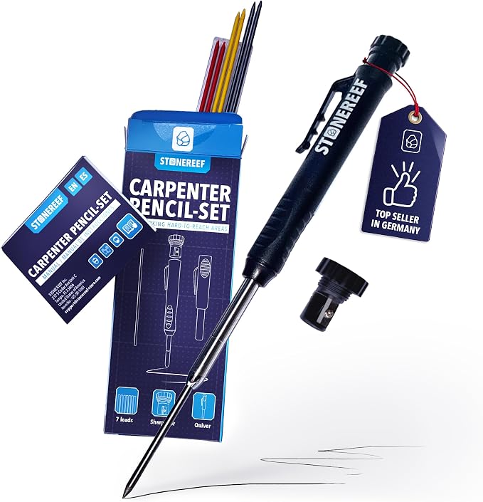 Carpenter Pencil Set with Sharpener & 7 Refills – Deep Hole Marker Mechanical Pencil for Wood, Metal & Plastic – Durable Woodworking Marking Tool