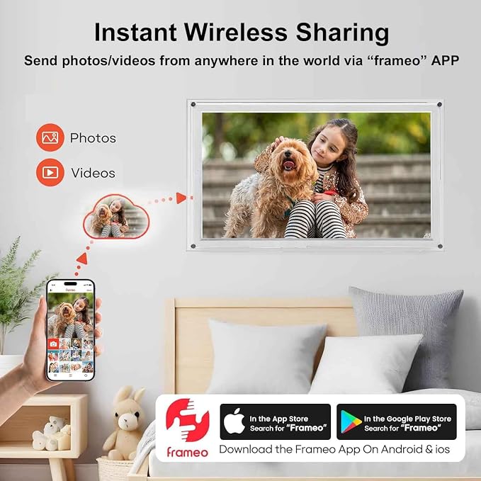 Frameo Digital Picture Frame,15.6'' WiFi Slim Acrylic Smart Cloud Electronic Photo Frame, HD IPS Touch Screen Slideshow, 32GB Storage, Share Photos/Videos via App (Size: 15.51X9.7Inch)