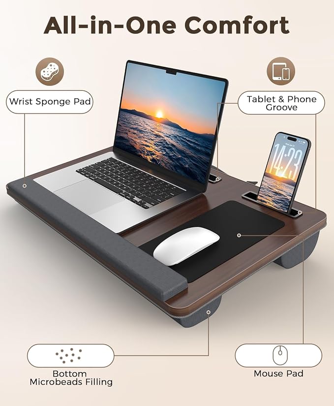 HETTHI Lap Desk with Cushion, Large Laptop Desk for Adults, Up to 17" Laptop Tray for Bed with Wrist Rest, 2 Self-Adhesive Mouse Pads, Portable Handle, Tablet Phone Slot (Dark Brown)