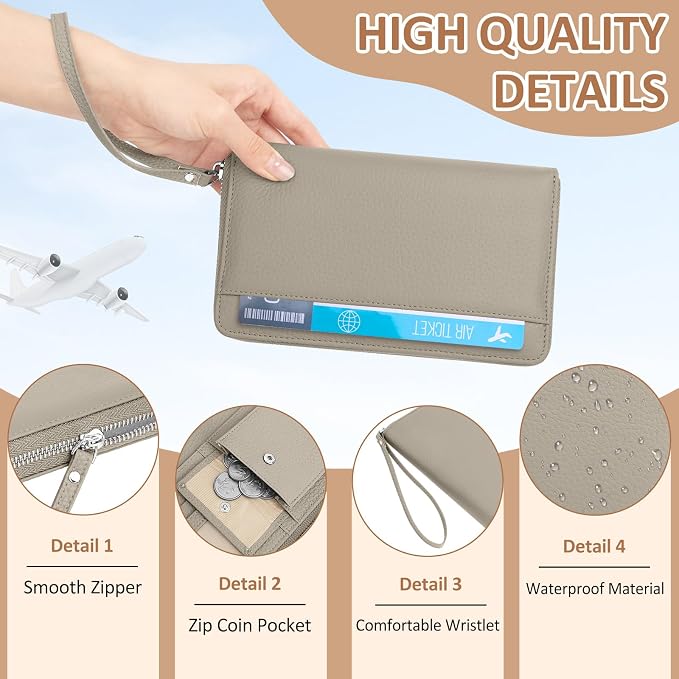 RFID Passport Holder for Travel Family with Coin Pocket,E-Grey | Leather Passport Cover for 2, Travel Document Organizer with Wrist Strap & 24 Card Slots, for Women Men