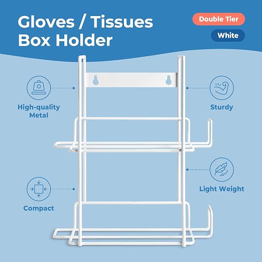 FMP Brands Double Glove Holder for Wall Mount, Wire Rack Disposable Napkin Gloves Box Holder, White Durable Metal Organizer Dispenser for Food Service, Lab, Office, Home, and Garage