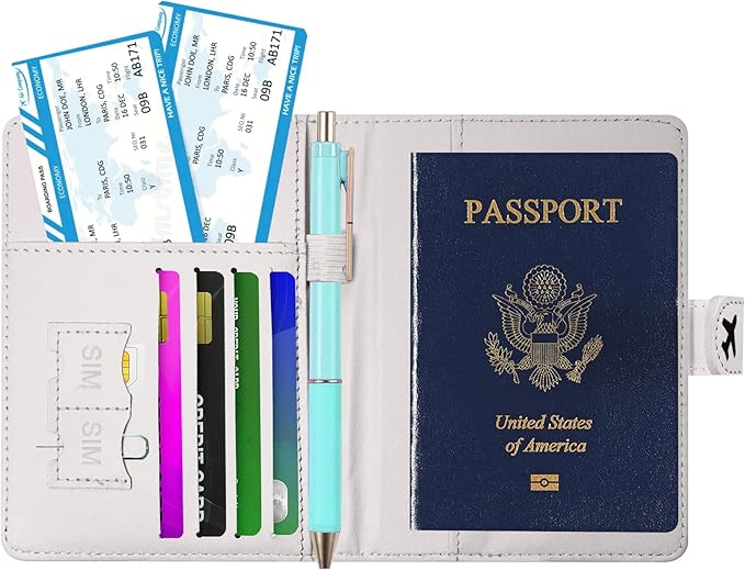 Passport Holder, Cute Travel Wallet Cover with RFID Blocking,black | PU leather travel wallet with magnetic closure, card slots, pen loop, and easy access for passports and essentials.