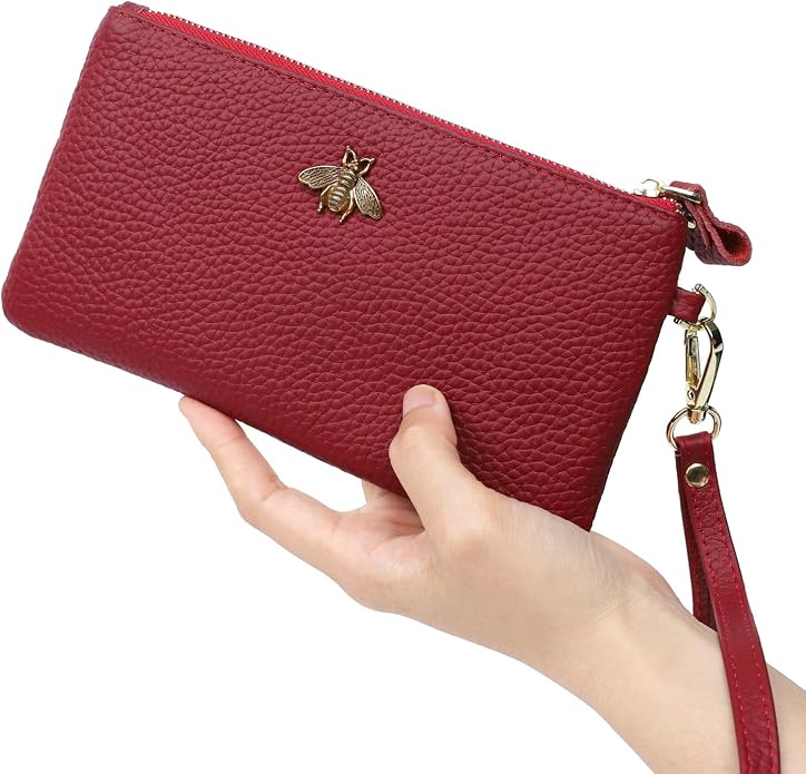 imeetu Wristlet Wallets for Women, Wristlet Clutch Purse, Phone Wallet | Genuine Leathe Wallet Women, Lightweight Water-resistant Long Wallet with Wrist Strap, Zip Coin Pocket, Gift Box, Bee Decor