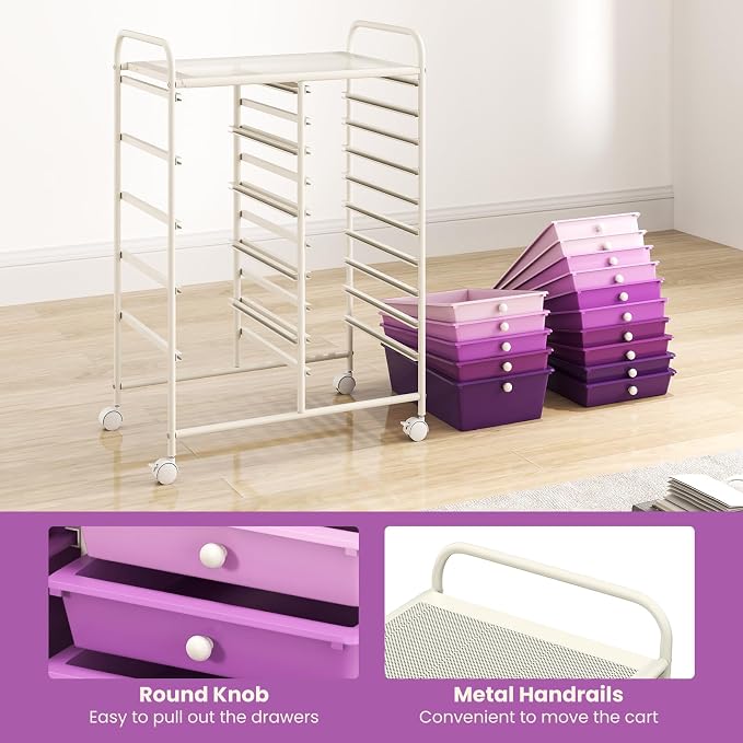 COSTWAY 15 Drawer Rolling Storage Cart, Mobile Storage Organizer | Removable Drawers & Metal Frame, Multipurpose Utility Tools Paper Organizer on Wheels for Home, Office (Purple Gradient)