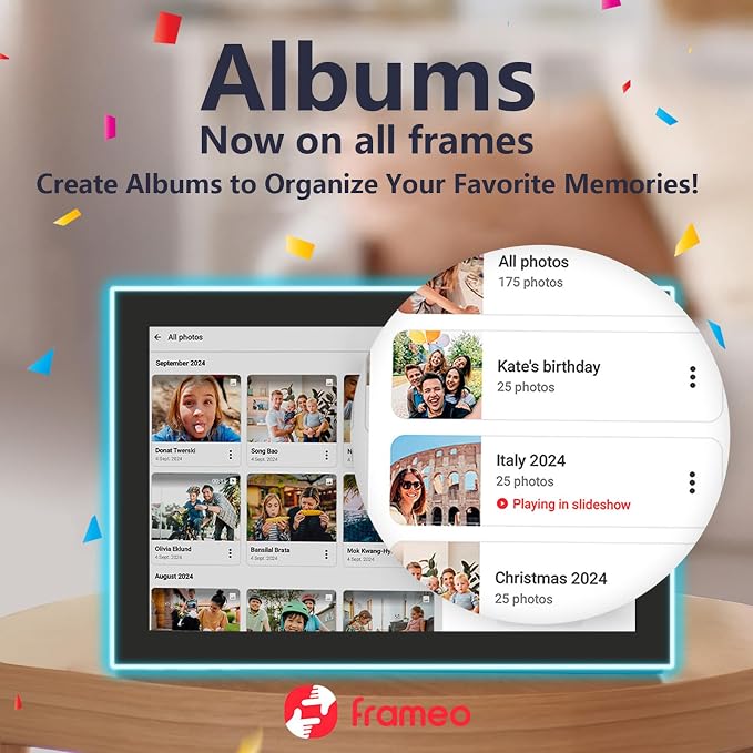 32GB FRAMEO 10.1 Inch WiFi Digital Photo Frame, 1280x800 HD IPS LCD Touch Screen, Auto-Rotate, 32GB Storage, Support USB Drive/SD Card Extend Storage, Share Moments via Frameo App