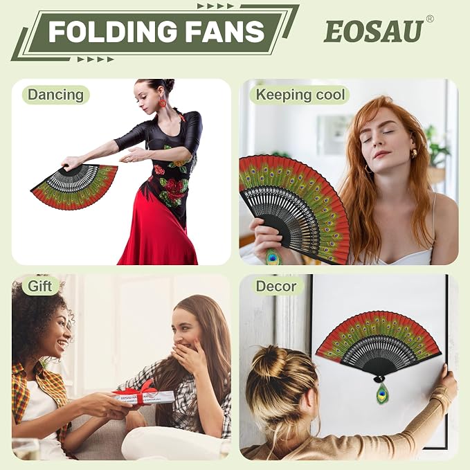 EOSAU Hand Fans for Women Foldable - Bamboo Silk Folding Fan Handheld, Fans for Line Dancing Wedding, Portable Bridal Party Favor, Elegant Church Performance Gift (Peacock Red)