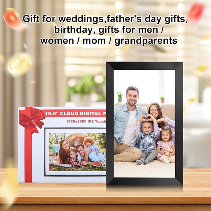 Digital Picture Frame 15.6 Inch Large Frameo Digital Photo Frame，32GB, 1920 * 1080 IPS HD Touch Screen, Electronic Picture Frame IPS Touch Screen with Auto-Rotate, Frameo Digital Frame WiFi(Black)