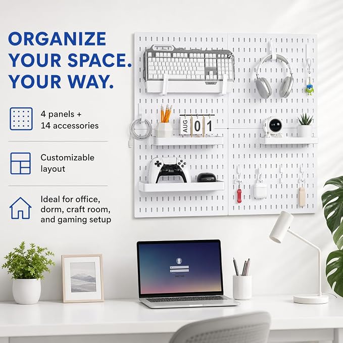 White Pegboard Wall Organizer Kit, Craft Room, 4 Panels Hooks & Shelves | Peg board accessories for sewing, desk and home office, ABS storage with bins, holds small parts, easy to clean, maker gift