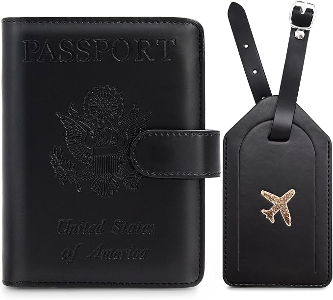 Passport Holder For Travel with Luggage Tag Cover – RFID Blocking Travel Passport Wallet Holder for Men/Family| PU Leather Passport Case with Extra Money Pocket/Magnetic Clasp, Black