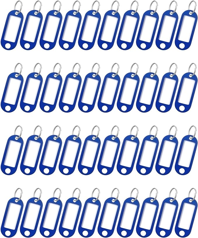 Uniclife 40 Pieces Key Tags 2 Inch Soft Plastic Key Chain Tags with Blank Paper Labels Clear Windows Protective Films and Split Rings Flexible Item Identifiers, Blue
