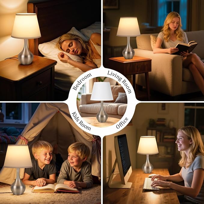 16.1" Touch Table Lamp for Nightstand, 3 Way Dimmable Small Bedroom Lamp | Touch Control, Bulb Included, Silver Bedside Lamps for Desk, Night Stands, Living Room, End Table, Corded