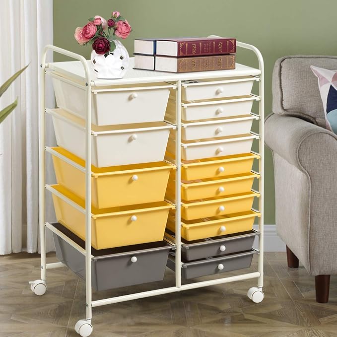 RELAX4LIFE 15 Drawer Rolling Storage Cart, Mobile Drawer Carts for Craft Art Supply Paper Salon, Utility Cart on Wheels for Classroom Teacher School Office, Rolling Cart with Drawers (Yellow)