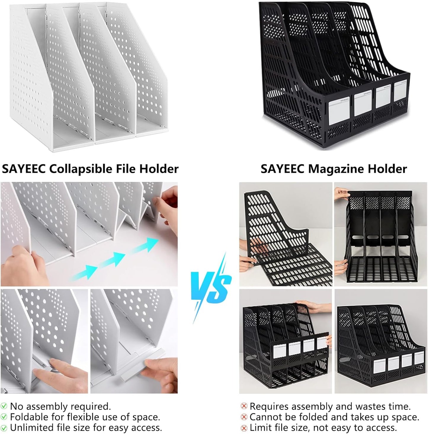 SAYEEC 2Pcs Collapsible Plastic Magazine File Holder Vertical Binder Storage Organizer for Desk Sturdy Upright Desktop Magazine Organizer Folder Rack for Office School Home (3 Compartments, Gray)