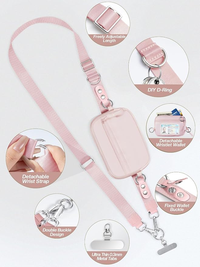 Tiostep Clip and Go Strap for Phone with Wallet Crossbody Phone Lanyard Adjustable and Detachable RFID Wristlet Wallet (Pink, Large)