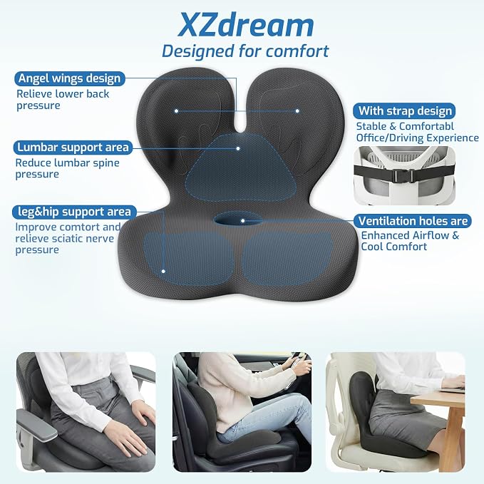 Seat Cushion, Office Chair Cushion with Lumbar Support Pillow, Memory Foam Car Cushions, for Long Sitting, Tailbone & Back Pressure Relief,Sciatica Pad for Office, Car, Home Chairs