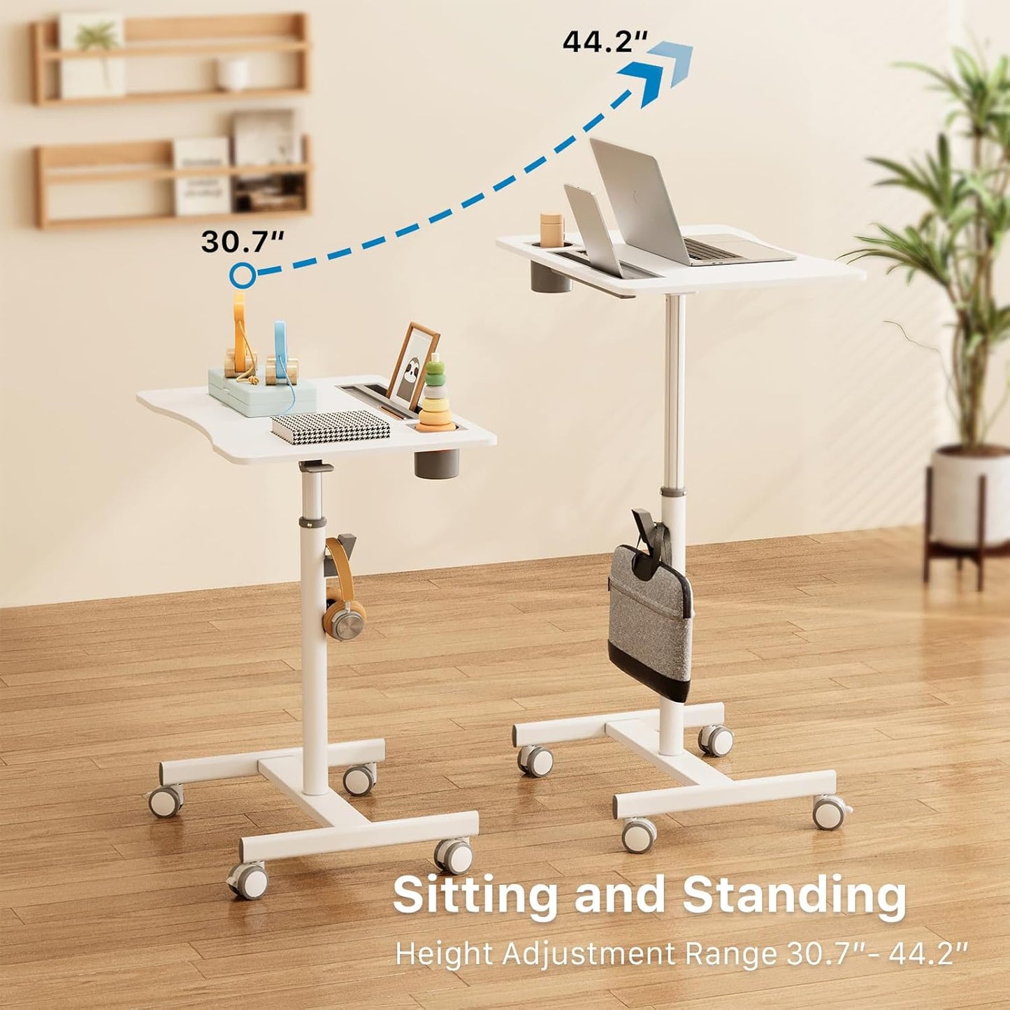 Mobile Standing Desk, 28 inch Rolling Standing Laptop Desk with Cup Holder, Mobile Desk Workstation with Wheels, Portable Computer Desk Cart with Hook for Home Office, White