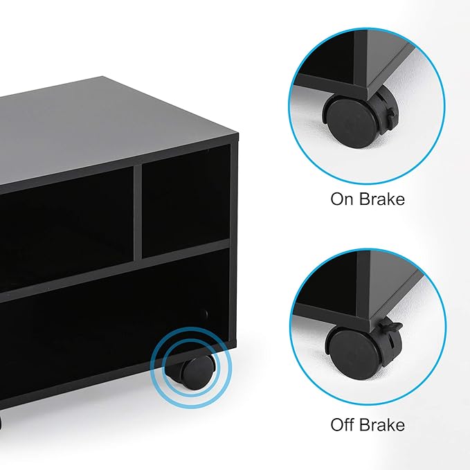 FITUEYES Mobile Printer Stand with Storage, Wood Small Printer Table, Black | Under Desk Rolling Work Cart with Wheels and 3 Compartment Organizer Spaces for Home Office, 15.7 x 11.8 x 13.8