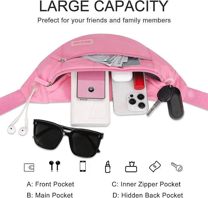 MAXTOP Large Pink Fanny Pack for Women Trendy Cross body Bag with Key Chain | 4-Zipper Pockets,Nylon,Adjustable Strap, Ideal Gift for Theme Park Shopping Traveling Running