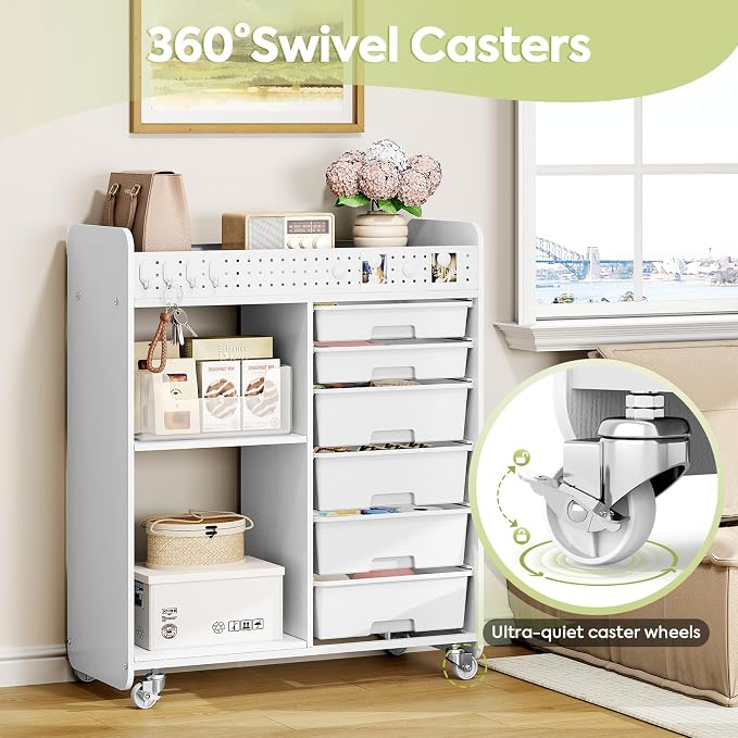 Rolling Craft Cart with 6 Drawers, Pegboard and Locking Wheels White | Ample multi-zone storage, 2 open shelves, art cart for classrooms, homeschool and offices, sturdy wood-metal frame