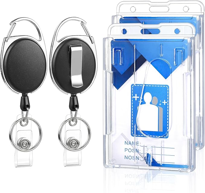2 Set Badge Holder Retractable Clip Heavy Duty Reels with Clear Vertical ID Card Badge Holders Thumb Slots Hard Transparent PC Case for Work Office