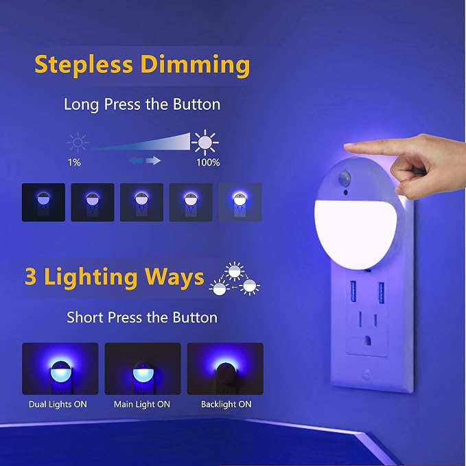 YUNLEX 2 Pack Plug in Night Light with Motion Sensor and Dusk to Dawn Sensor, Stepless Dimming, Blue LED Nightlight with 3 Lighting Ways for Bathroom, Bedroom, for Girls, Boys, Adults