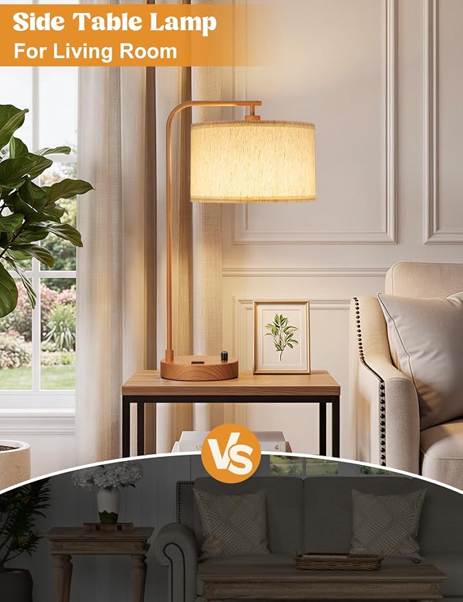 Innqoo Wood Table Lamp for Bedroom with USB Port and Outlet, Dimmable Nightstand Bedside Lamps with Linen Lampshade, Desk Lamp for Home Office, Living Room, Guest Room, LED Bulb Included